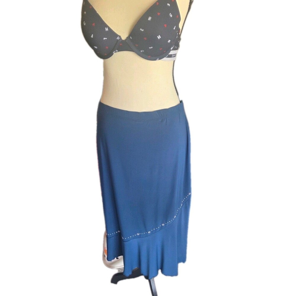 Standard Blue Beaded Midi A-Line Skirt Elastic Waist 1XL Plus Women